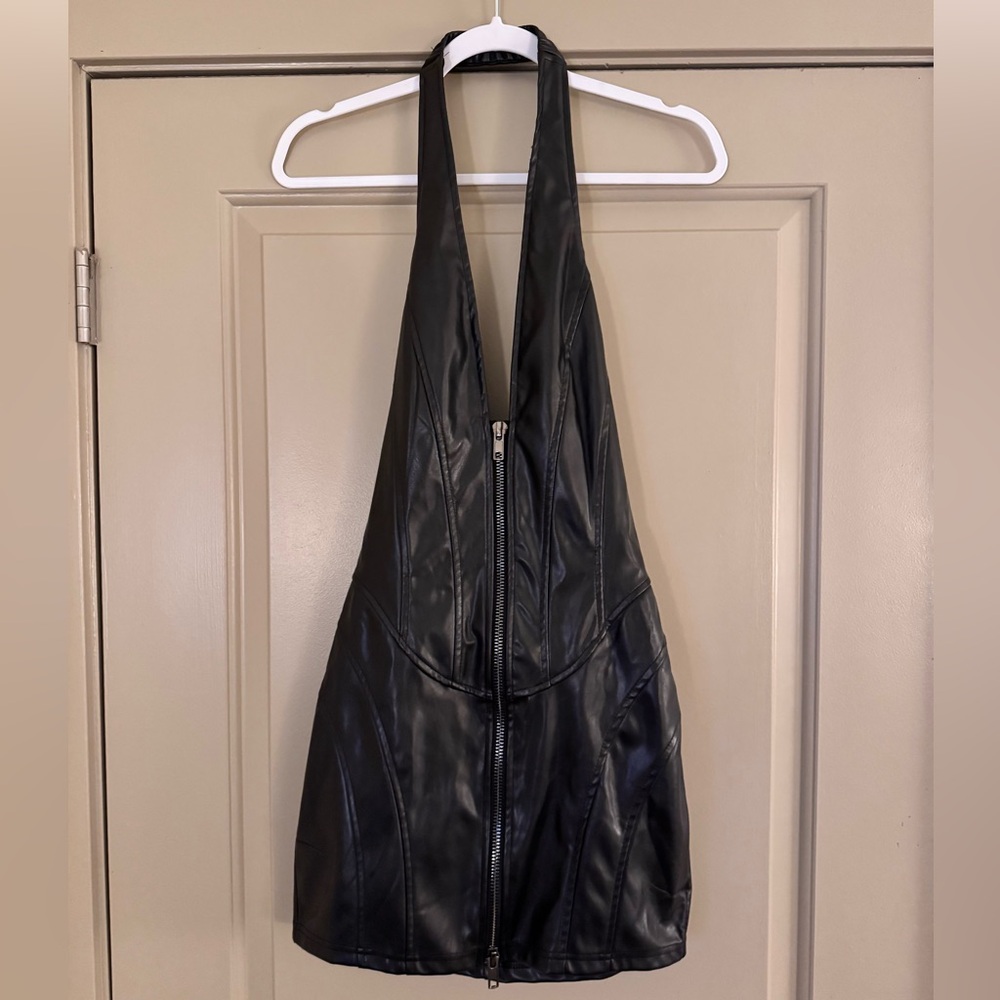 AKIRA Black Faux Leather Halter Dress with Front Zip